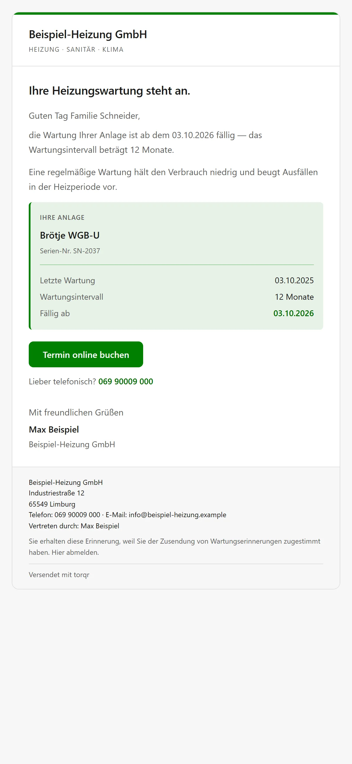 Erinnerungsmail an den Kunden mit Buchungslink