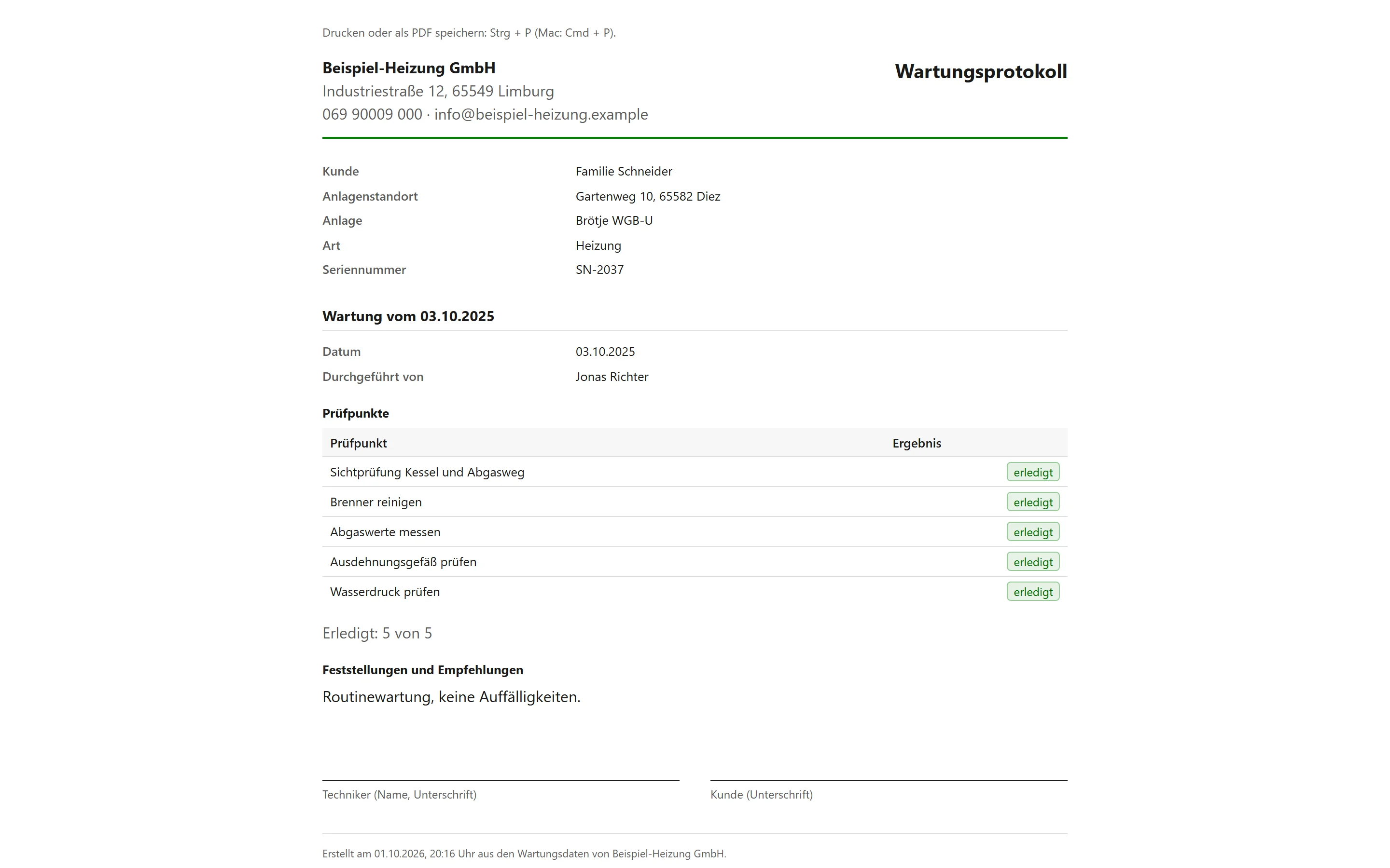 Wartungsprotokoll als Druckansicht