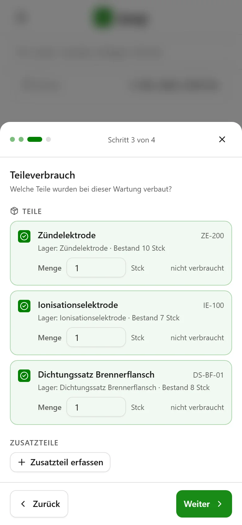 Wartungs-Checkliste, Schritt 3: Teileverbrauch